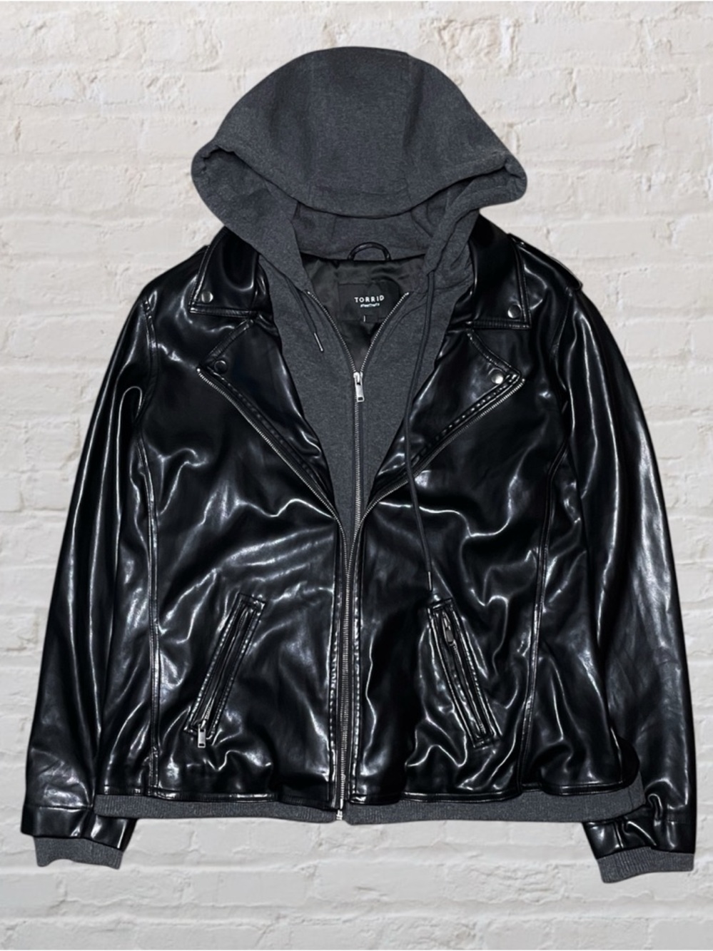Torrid Plus Size 3 Jacket Hoodie Black Faux Leather Assymetrical Moto Biker 3XL